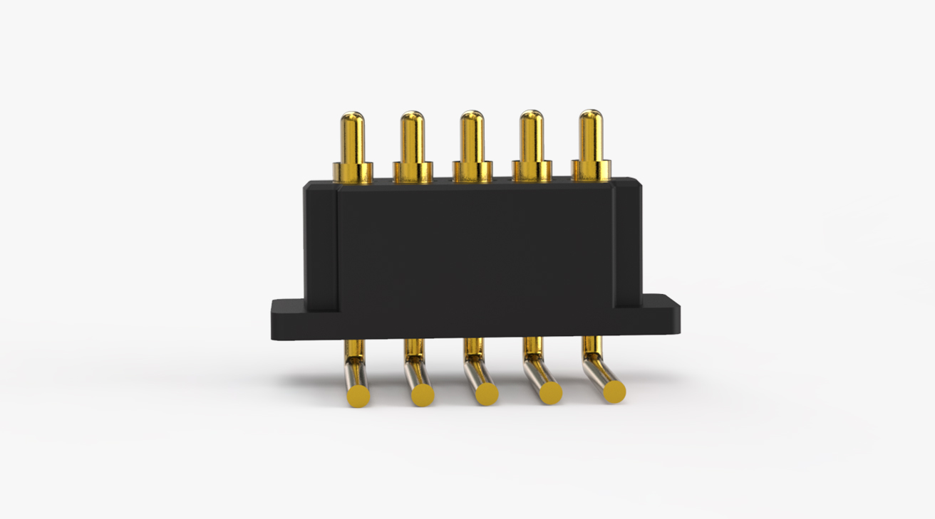 POGO PIN連接器 折彎式：5PIN，電鍍黃銅Au5u，電壓12V，電流8A，工作行程1.5mm:60±20gf，彈力10000次+，工作溫度-30°~85°