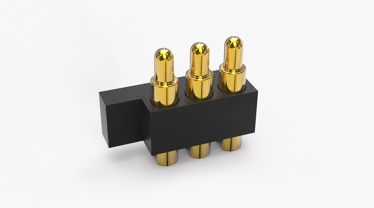 POGO PIN連接器 側帖式：3PIN，電鍍黃銅Au3u，電壓12V，電流4.5A，工作行程1.2mm:70gfMax，彈力30000次+，工作溫度-30°~85°