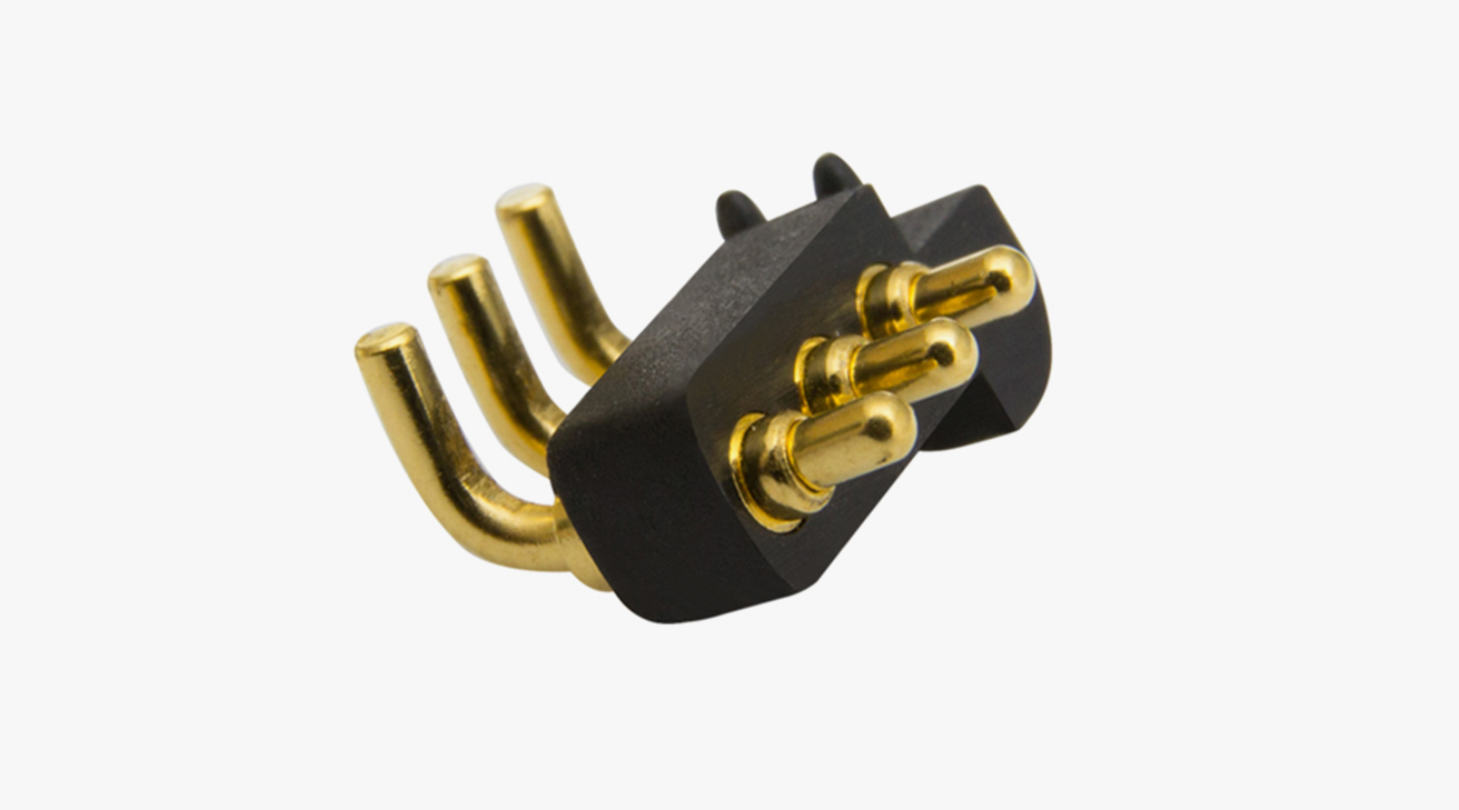 POGO PIN連接器 折彎式：3PIN，電鍍黃銅Au20u，電壓12V，電流8A，工作行程1.0mm:150gfMax，彈力10000次+，工作溫度-30°~85°