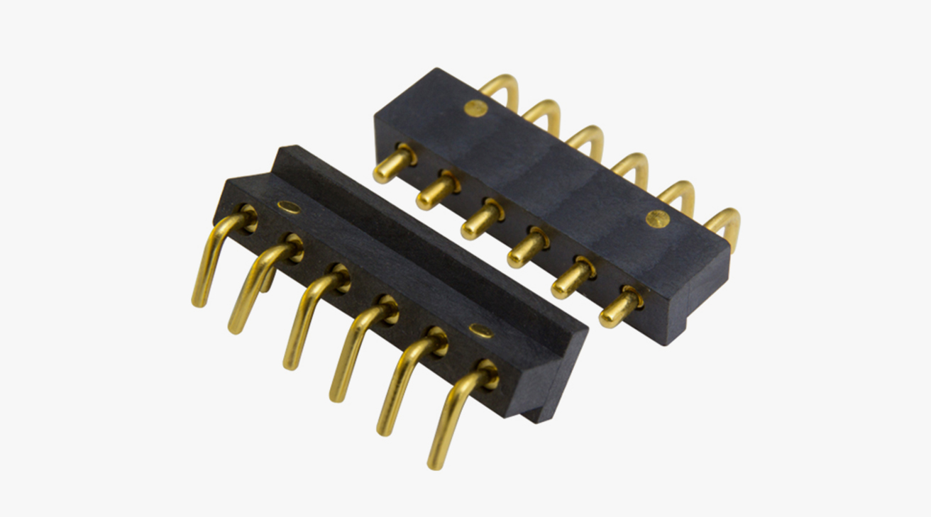 POGO PIN連接器 折彎式：6PIN，電鍍黃銅Au10u，電壓12V，電流1.5A，工作溫度-30°~85°