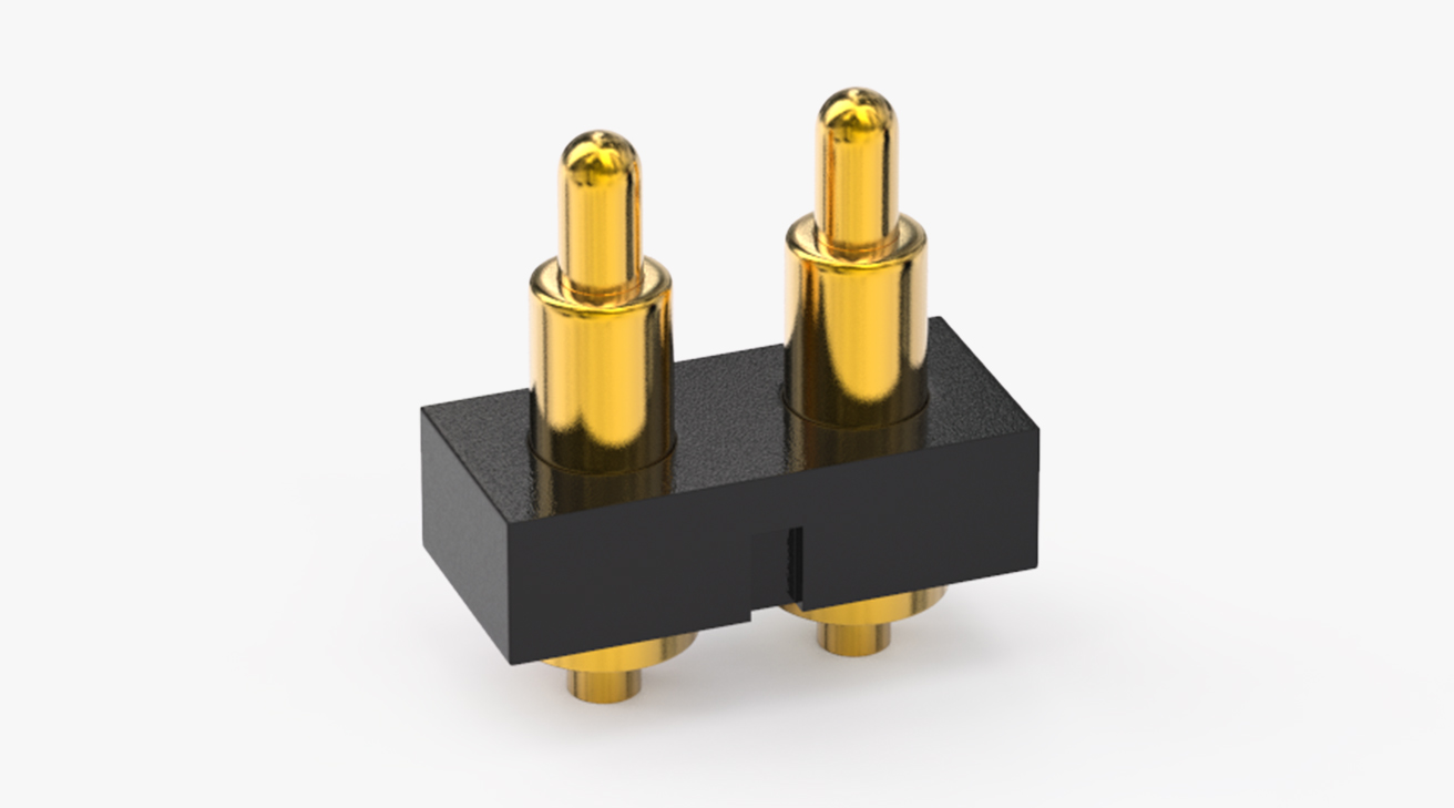 POGO PIN連接器 DIP式：2PIN，電鍍黃銅Au4u，電壓36V，電流1A，工作行程1.0mm:35±20gf，彈力30000次+，工作溫度-30°~85°