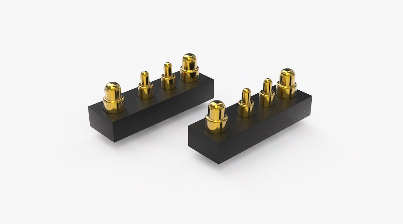 POGO PIN連接器 DIP式：4PIN，電鍍黃銅Au10u，電壓12V，電流1.2A，工作行程0.5mm:150gfMax，彈力30000次+，工作溫度-30°~85°