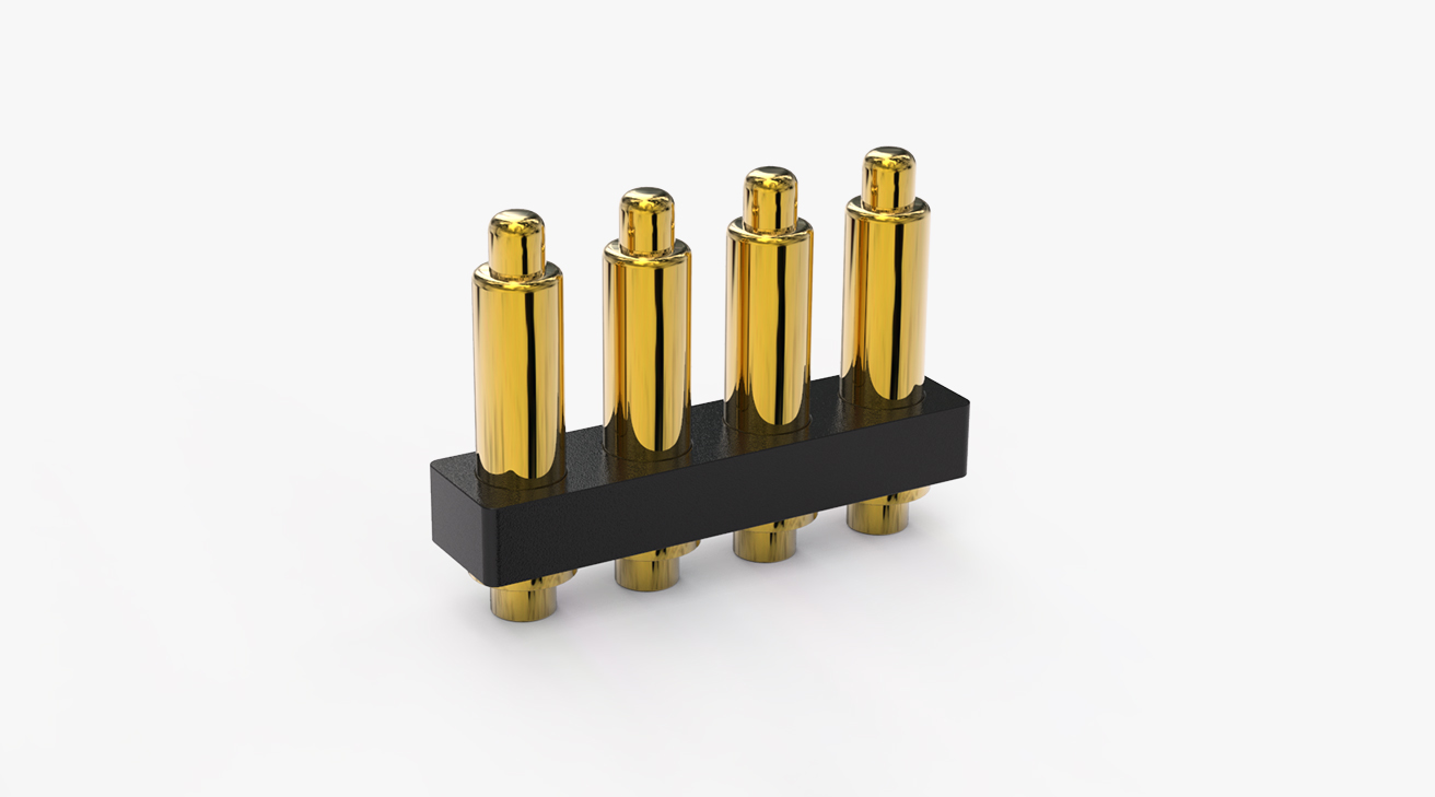 POGO PIN連接器 DIP式：4PIN，電鍍黃銅Au3u，電壓12V，電流1A，工作行程0.6mm:60gfMax，彈力30000次+，工作溫度-30°~85°