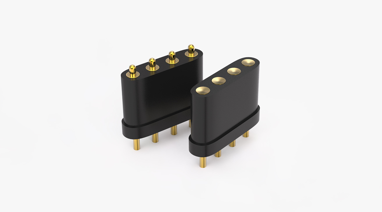 POGO PIN連接器 DIP式：4PIN，電鍍黃銅Au3u，電壓12V，電流1A，工作溫度-30°~85°