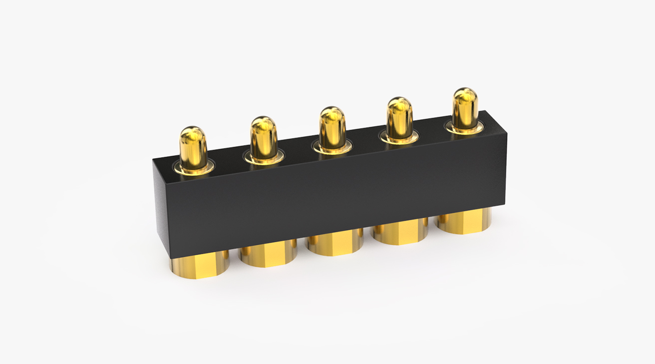 POGO PIN連接器 SMT式：5PIN，電鍍黃銅Au5u，電壓12V，電流3A，工作行程0.8mm:100±20gf，彈力10000次+，工作溫度-30°~85°