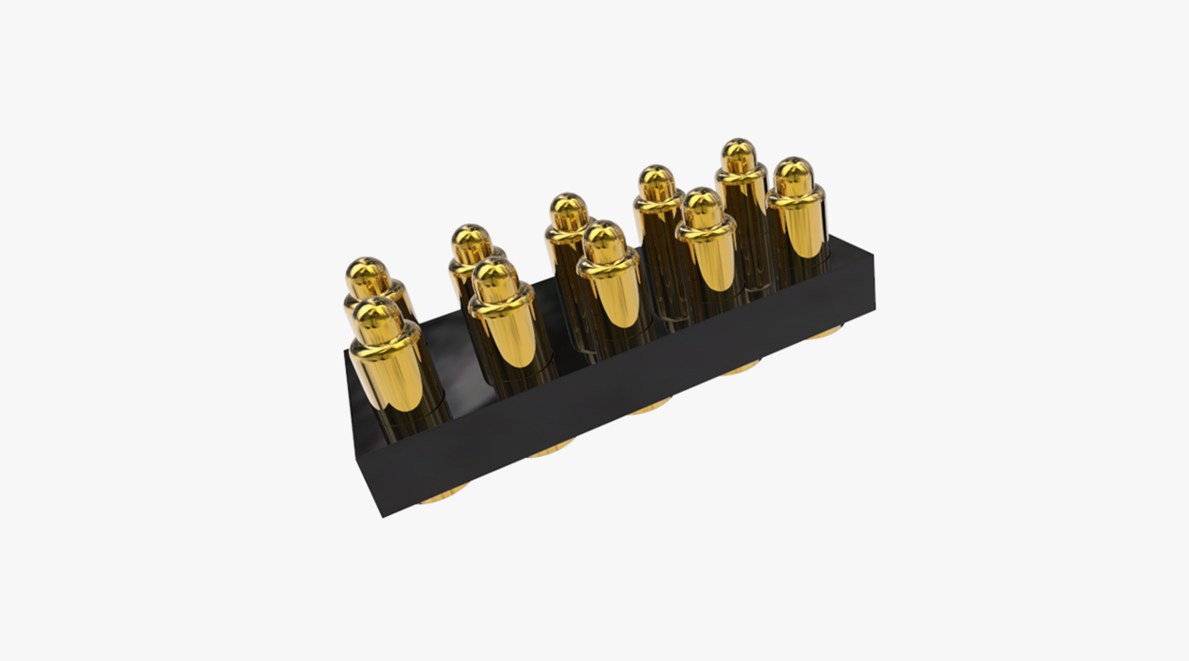 POGO PIN連接器 SMT式：10PIN，電鍍黃銅Au10u，電壓12V，電流3A，工作行程1.0mm:50gfMax，彈力30000次+，工作溫度-30°~85°